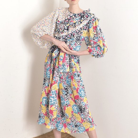 VINTAGE 1980S SUSAN FREIS MIXED PRINT DRESS-S/M - Picture 1 of 9